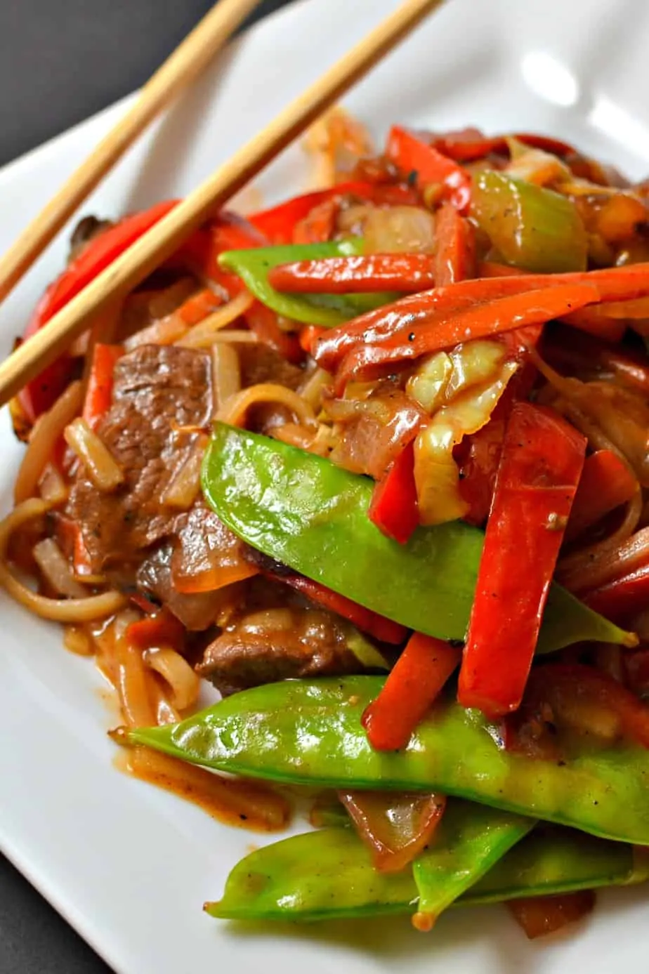 This Beef Lo Mein combines beef, onions, peppers, carrots, snow peas and noodles in a slightly spicy ginger soy sauce. 