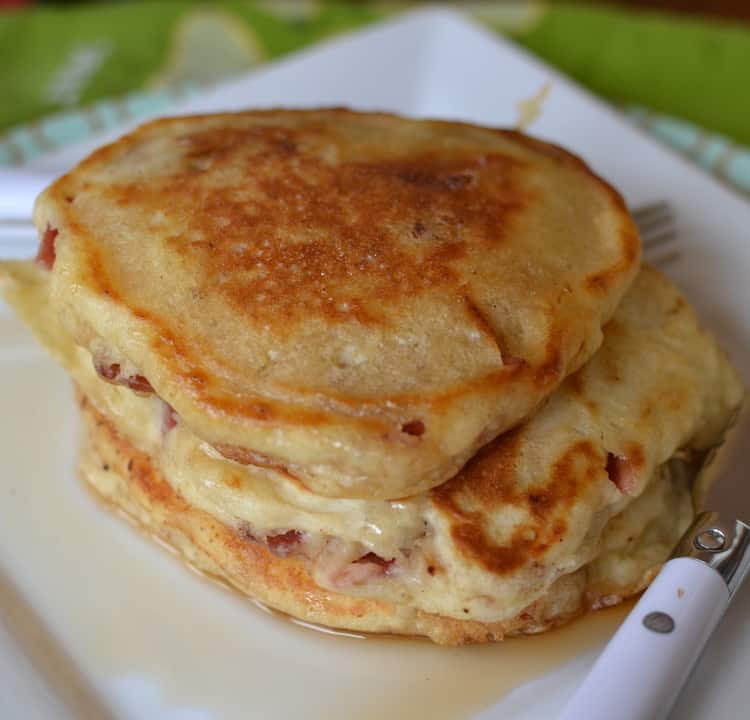 Buttermilk bacon pancakes are delicious, fluffy pancakes with bits of savory bacon mixed right in