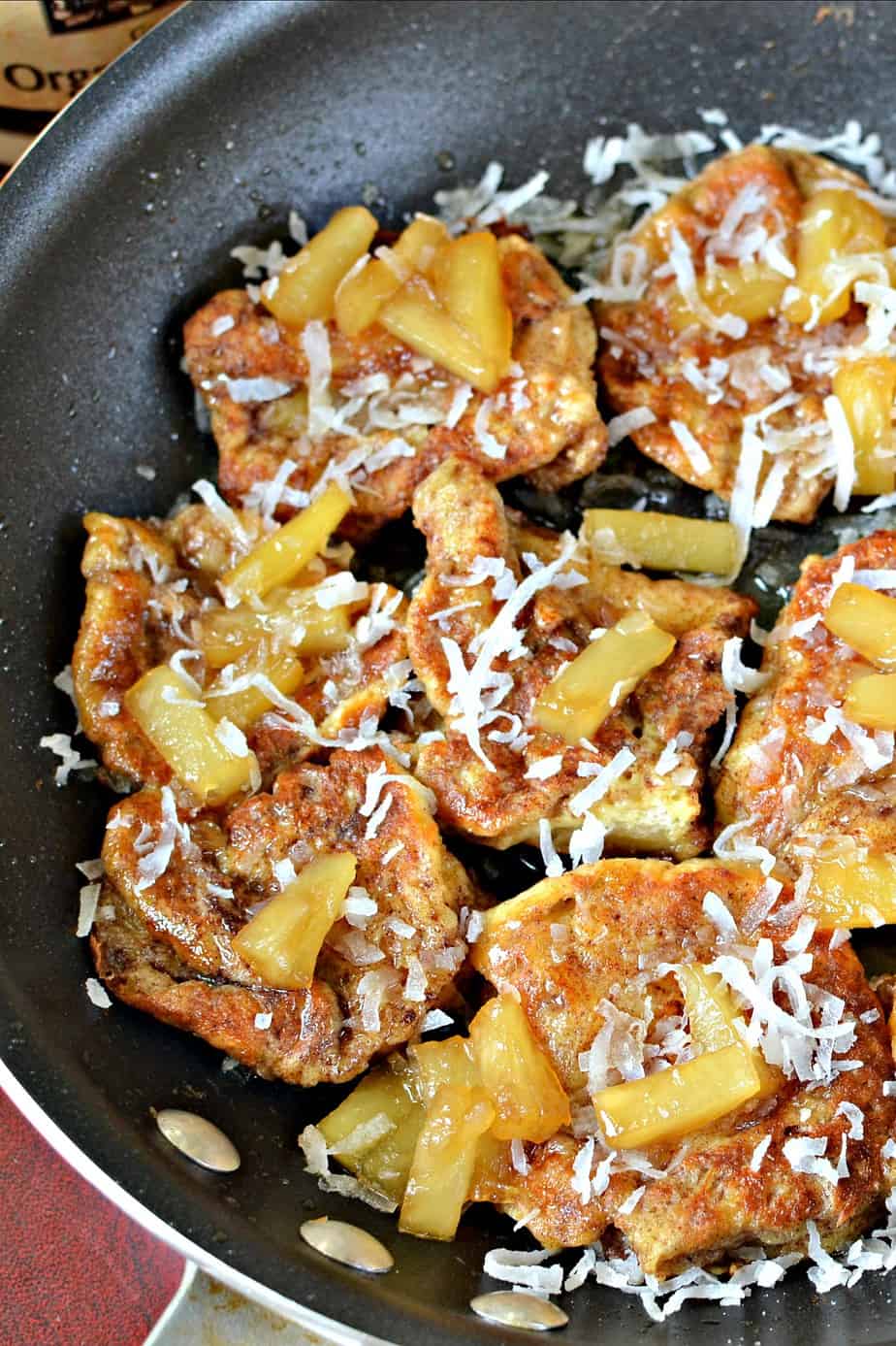 This easy to prepare kid friendly French Toast combine King's Hawaiian Sweet Rolls with warm maple syrup, pineapple tidbits and coconut.