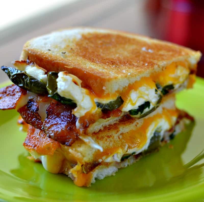 Jalapeno Popper Grilled Cheese is a yummy combination of cream cheese filled jalapenos, , Monterey Jack, and crispy bacon.