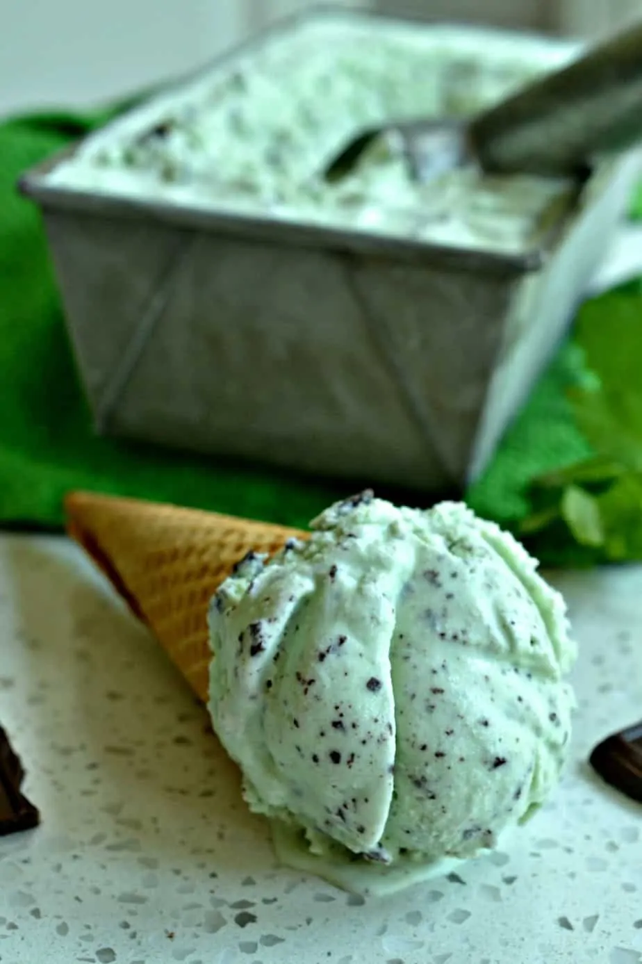 This scrumptious mint chocolate chip ice cream has tiny bits of chocolate that melt in your mouth.