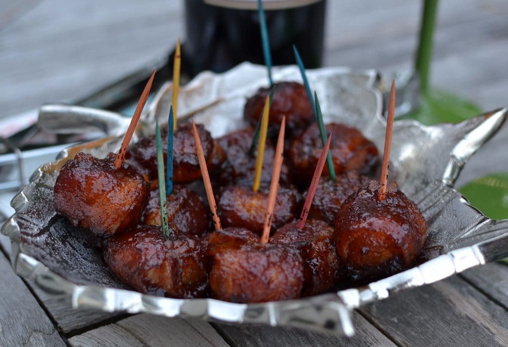 Happy Hour is Always a Special Event! Bacon-Wrapped Water Chestnuts - sticky, sweet sauce, smoky, salty bacon and crunchy water chestnuts. Perfect for a football gathering or an elegant soiree!