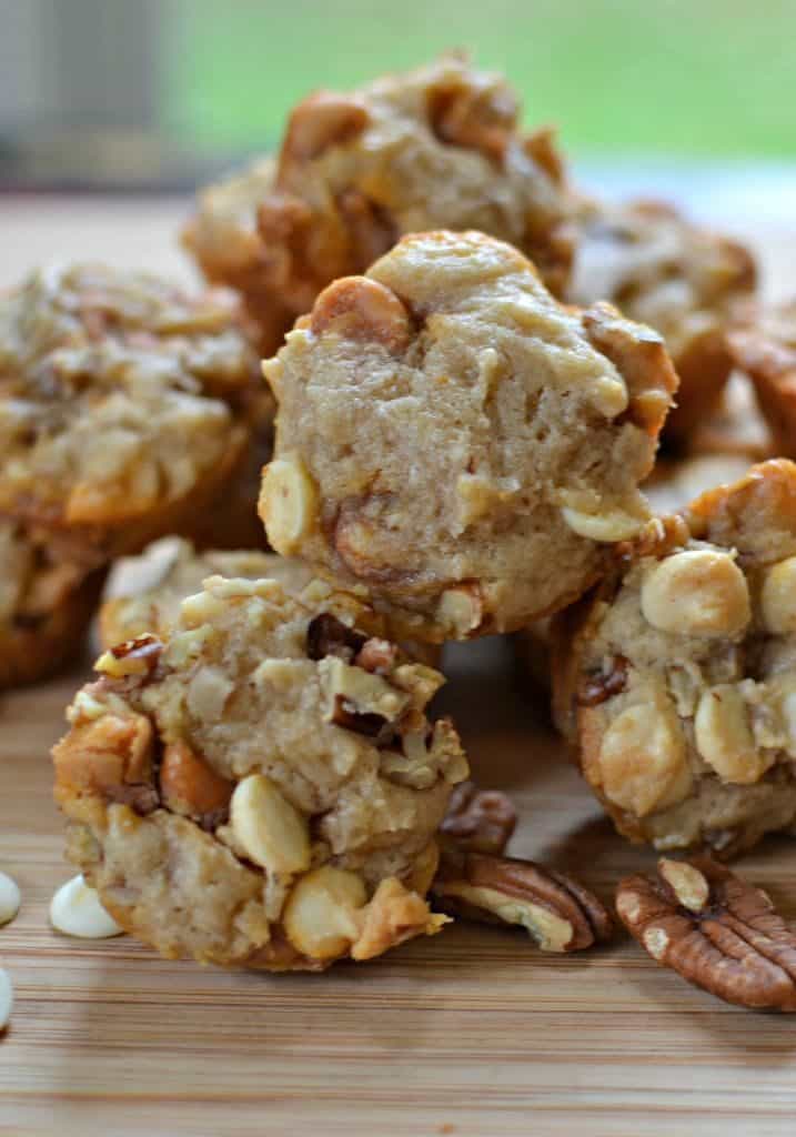 Bite-sized butter pecan cookies are a bite of goodness with chopped pecans and white chocolate chips