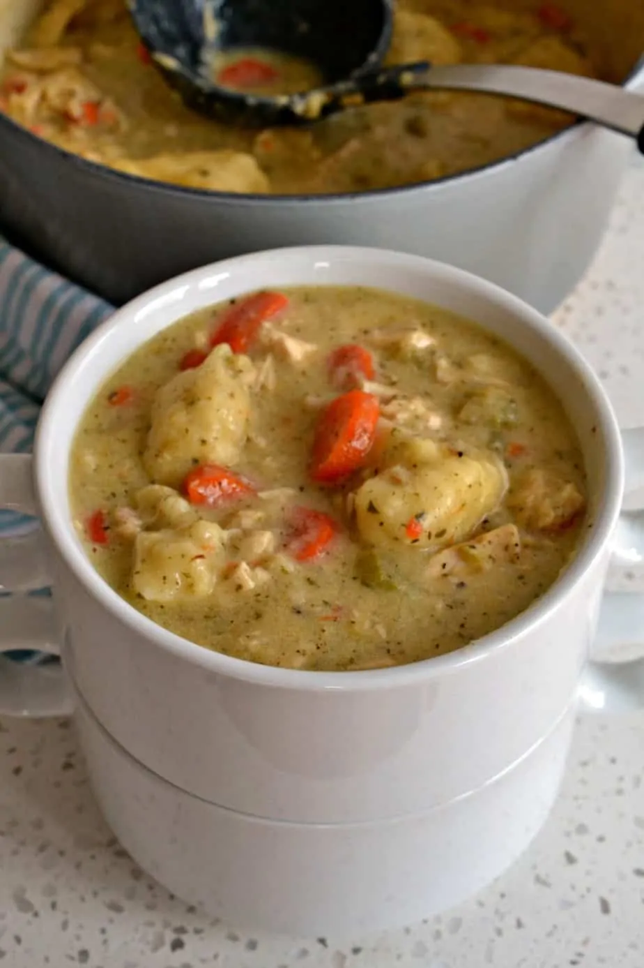 Chicken dumpling soup is the ultimate comfort soup combining hearty vegetables, tender chicken and homemade dumplings.