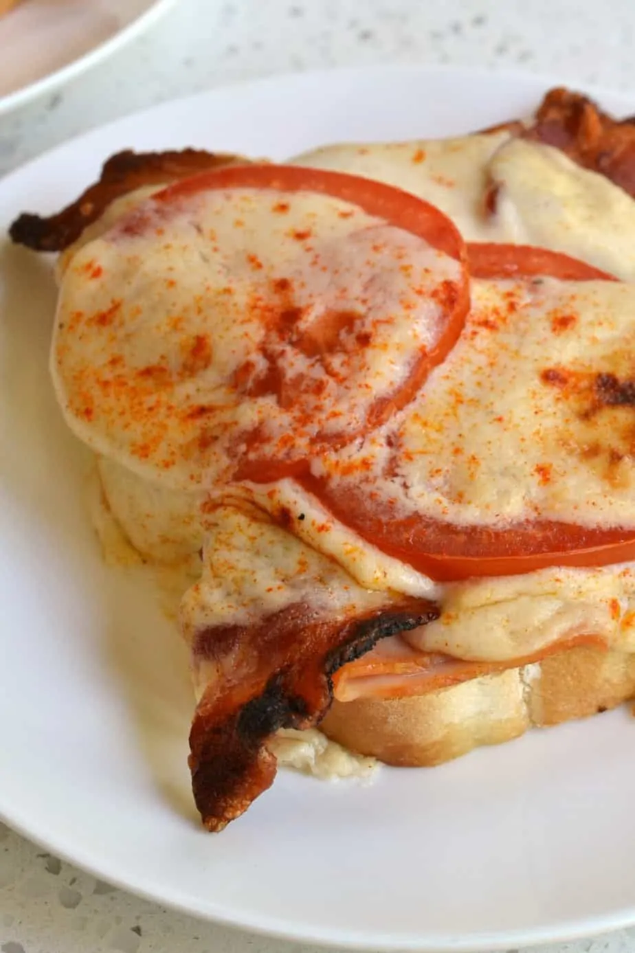 The Hot Brown is an open faced sandwich layered with turkey, crisp bacon, sun ripened tomatoes and creamy cheese sauce.