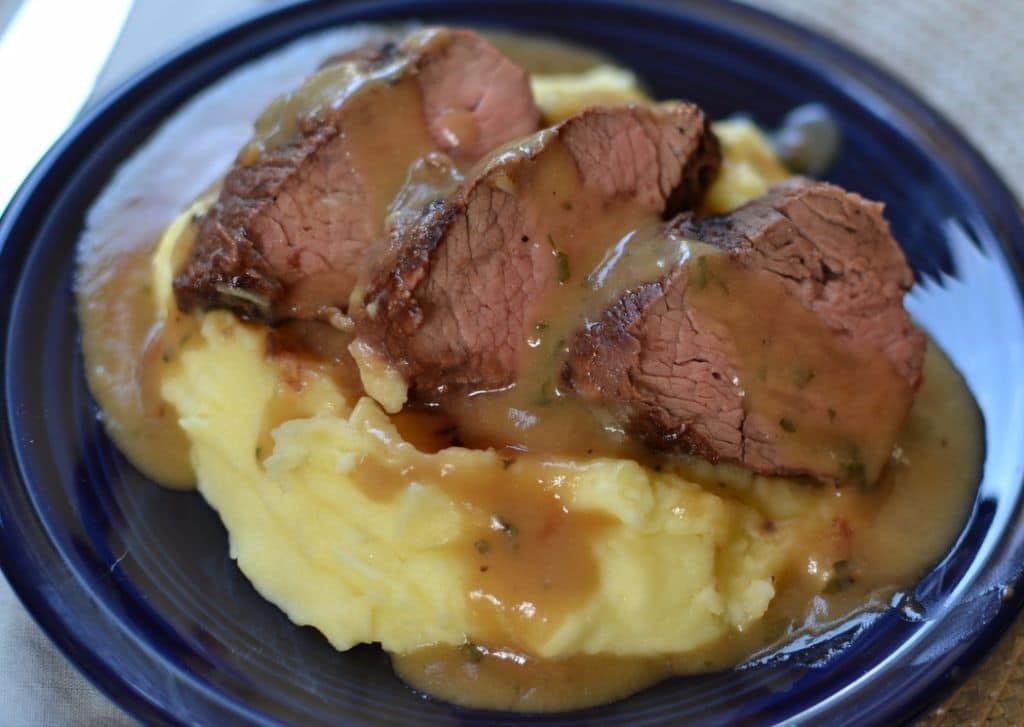 Beef Petite Shoulder with Pan Gravy served with mashed potatoes