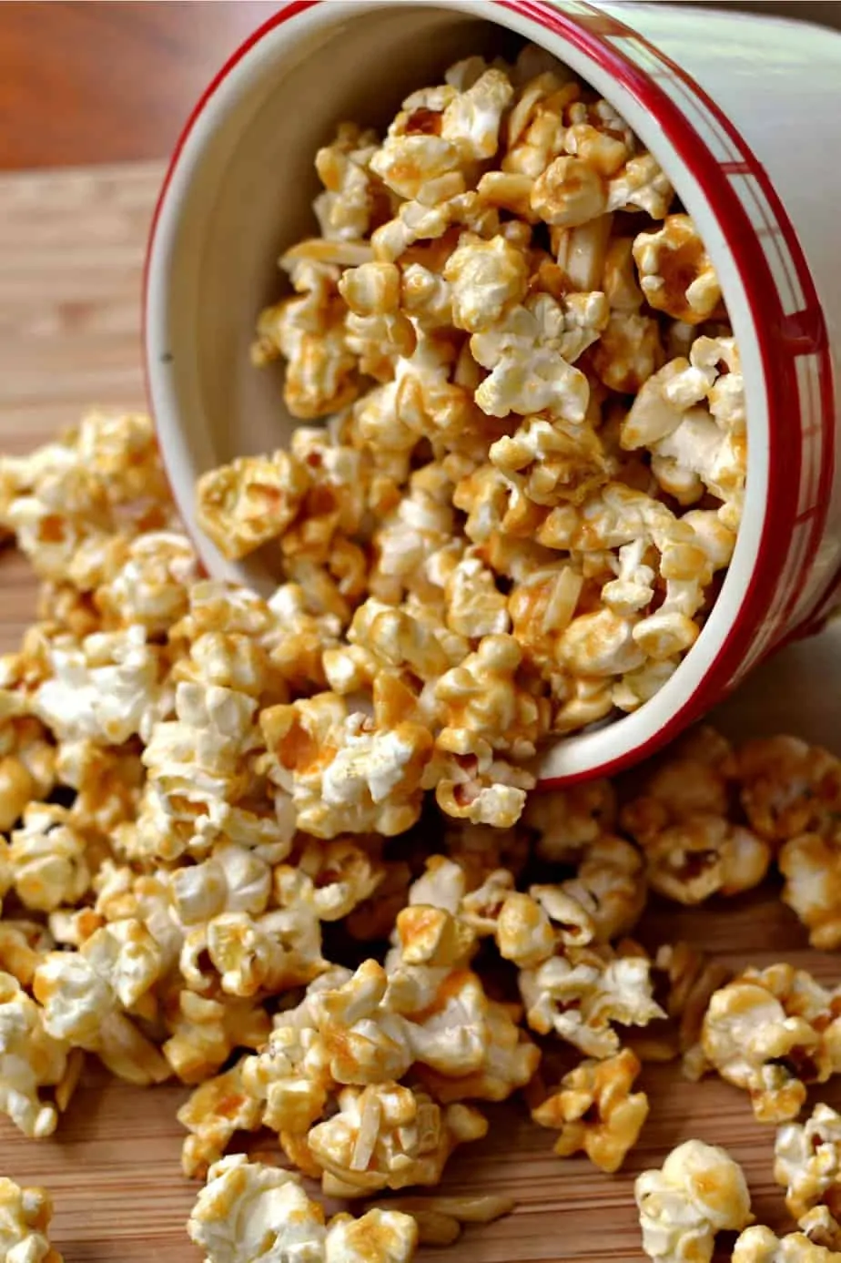This easy Caramel Popcorn combines freshly microwaved popcorn with homemade caramel and almond slivers.