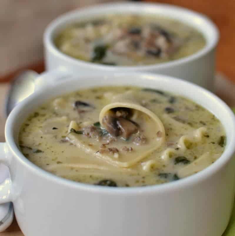 This creamy alfredo soup is made with a parmesan broth and is packed with mushrooms, spinach, and lasagna noodles.