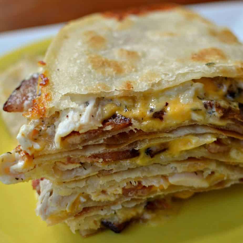 Chicken Quesadilla with Bacon is an easy meal that comes together quickly using rotisserie chicken and ranch dressing. 