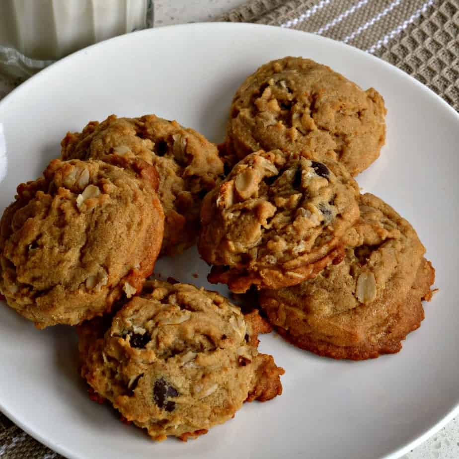 Peanut Butter Oatmeal Chocolate Chip Cookies with slightly crispy edge and a soft melt in your mouth center.