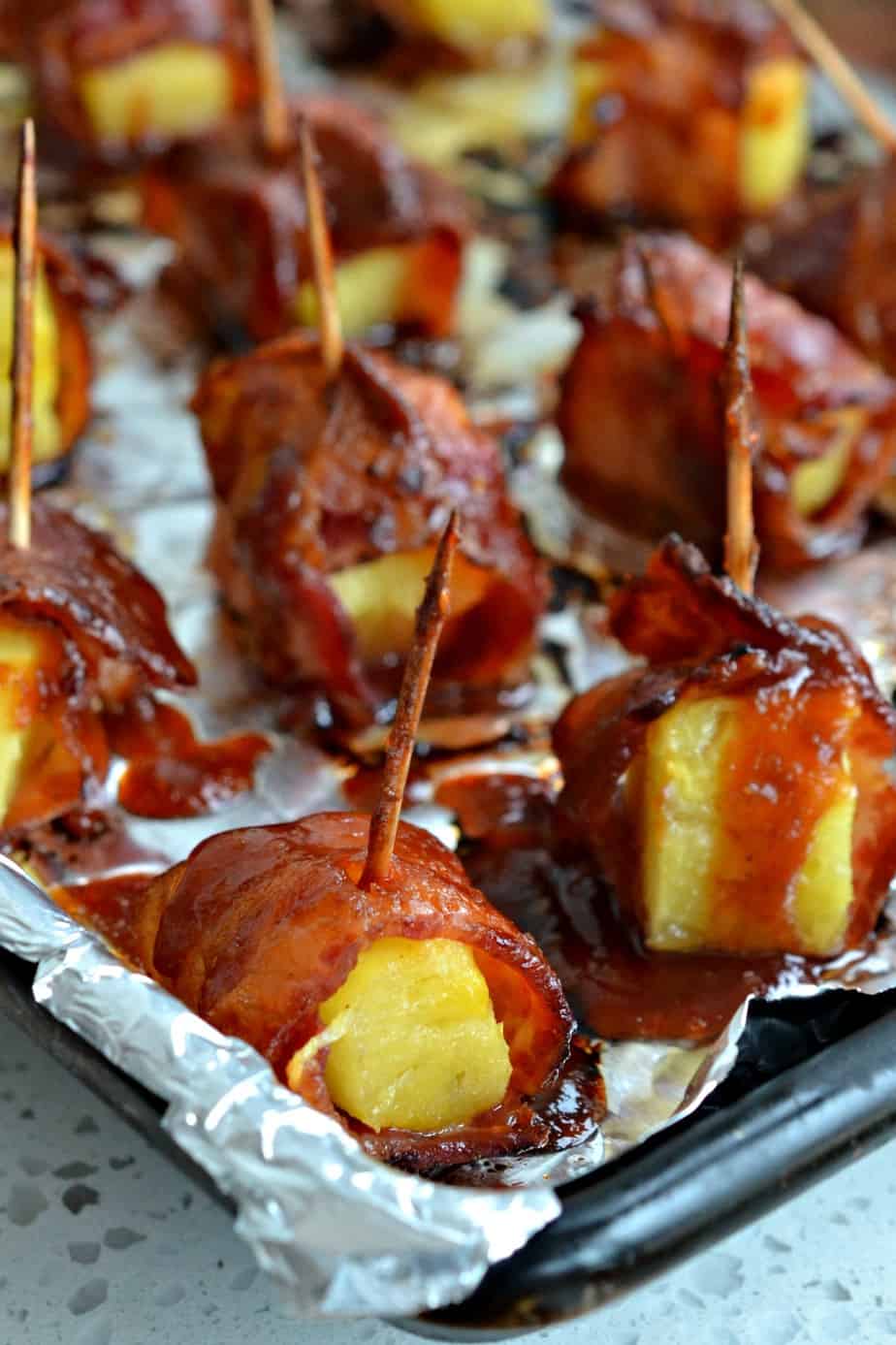 Then baste the bacon-wrapped pineapple after 20 minutes and cook for an additional 10 minutes or until the bacon is crispy and the pineapple is heated through. 