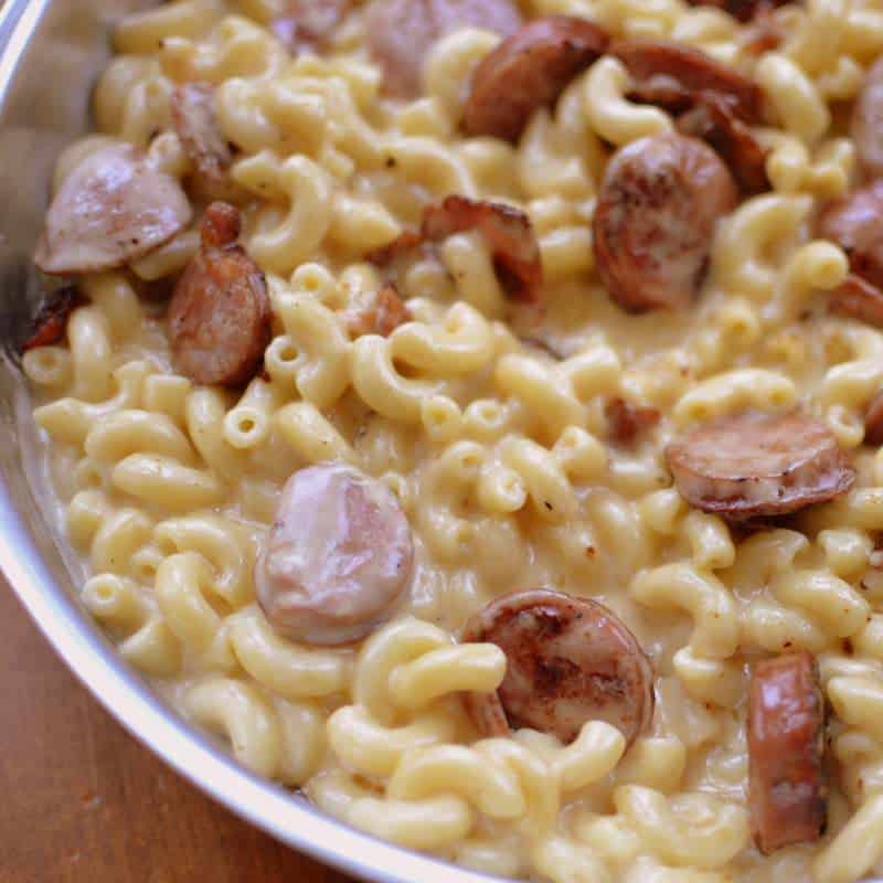 This bacon and chicken sausage mac and cheese has sharp and white cheddar for extra creaminess