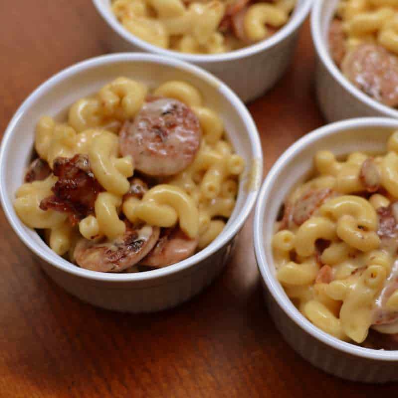 Creamy mac and cheese with bacon and chicken sausage