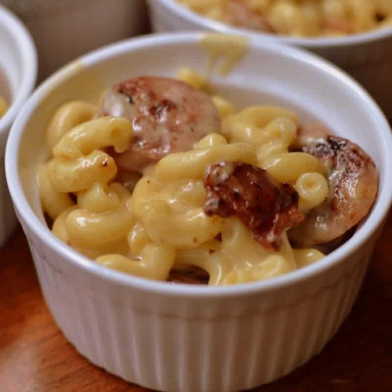 Creamy macaroni and cheese with bacon and sausage