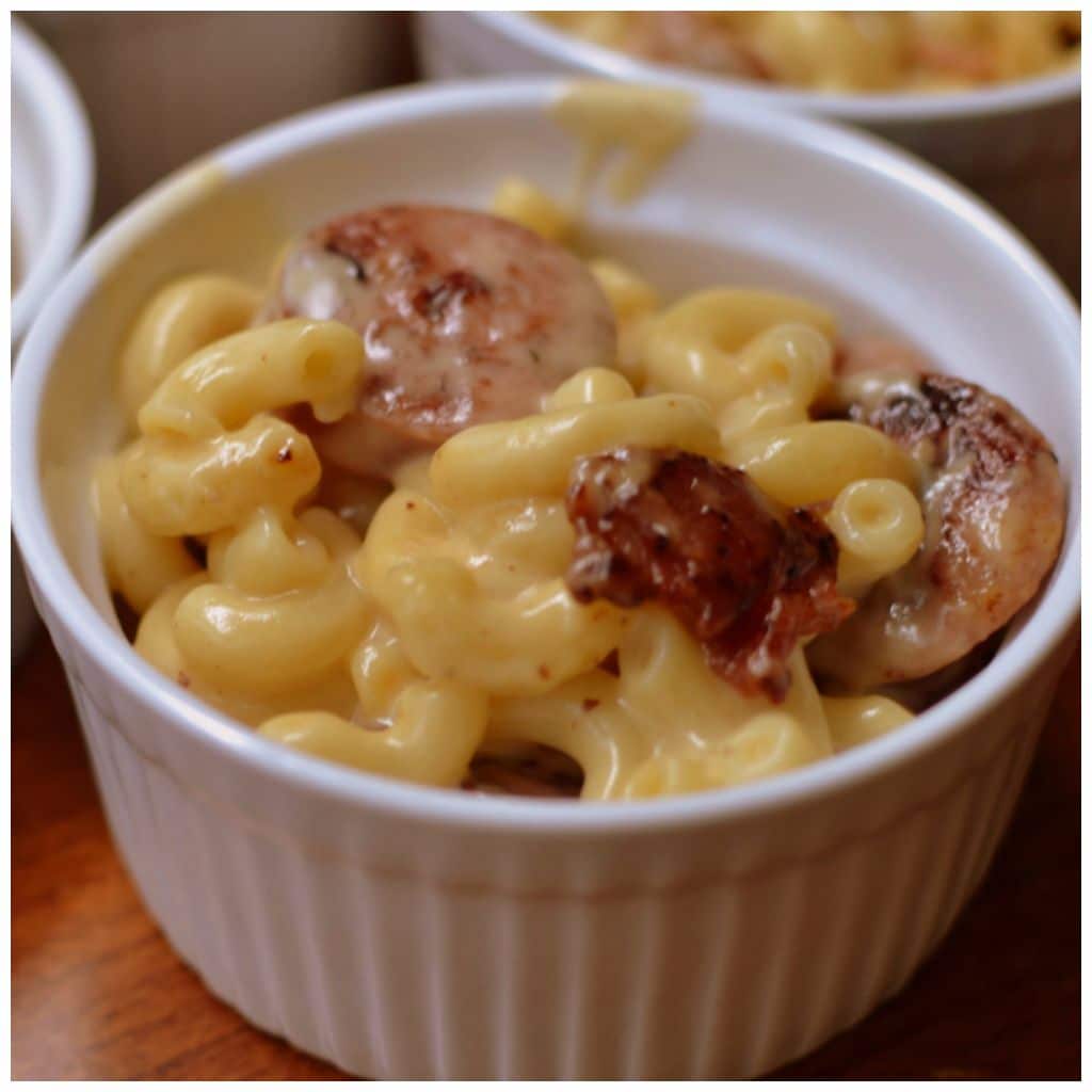 Savory bacon and chicken sausage mixed into creamy double cheddar macaroni and cheese