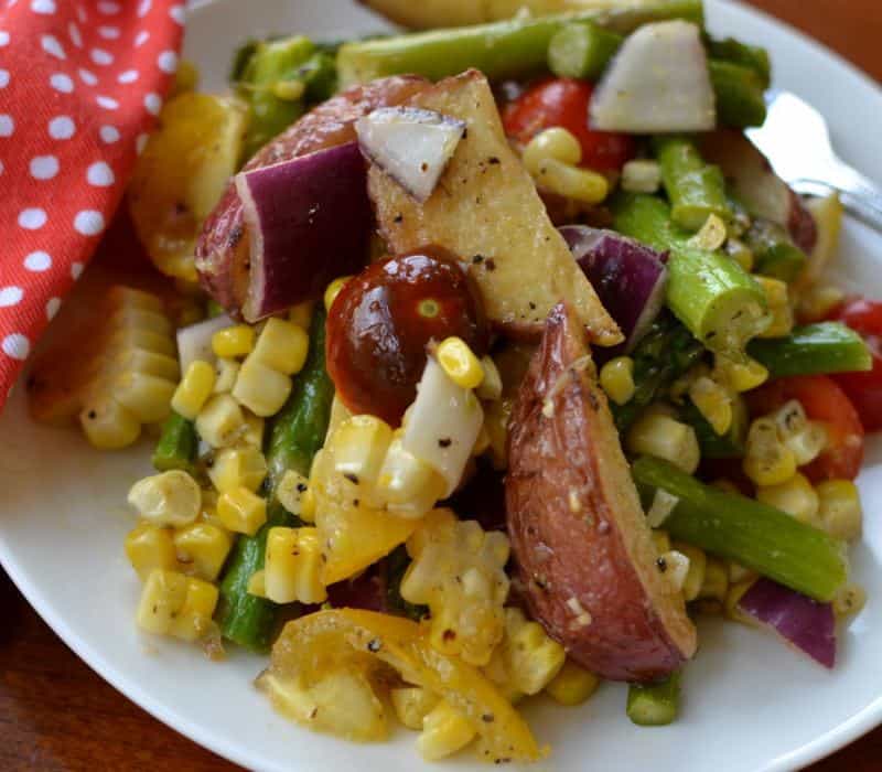 Fresh roasted vegetables and potatoes coated in a homemade lemon vinaigrette