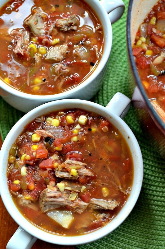 A tasty Tex-Mex soup full of sweet tomatoes, blackened corn, green chiles, smoked pulled pork and a perfect blend of spices. If you love smoked pulled pork this is a must try!