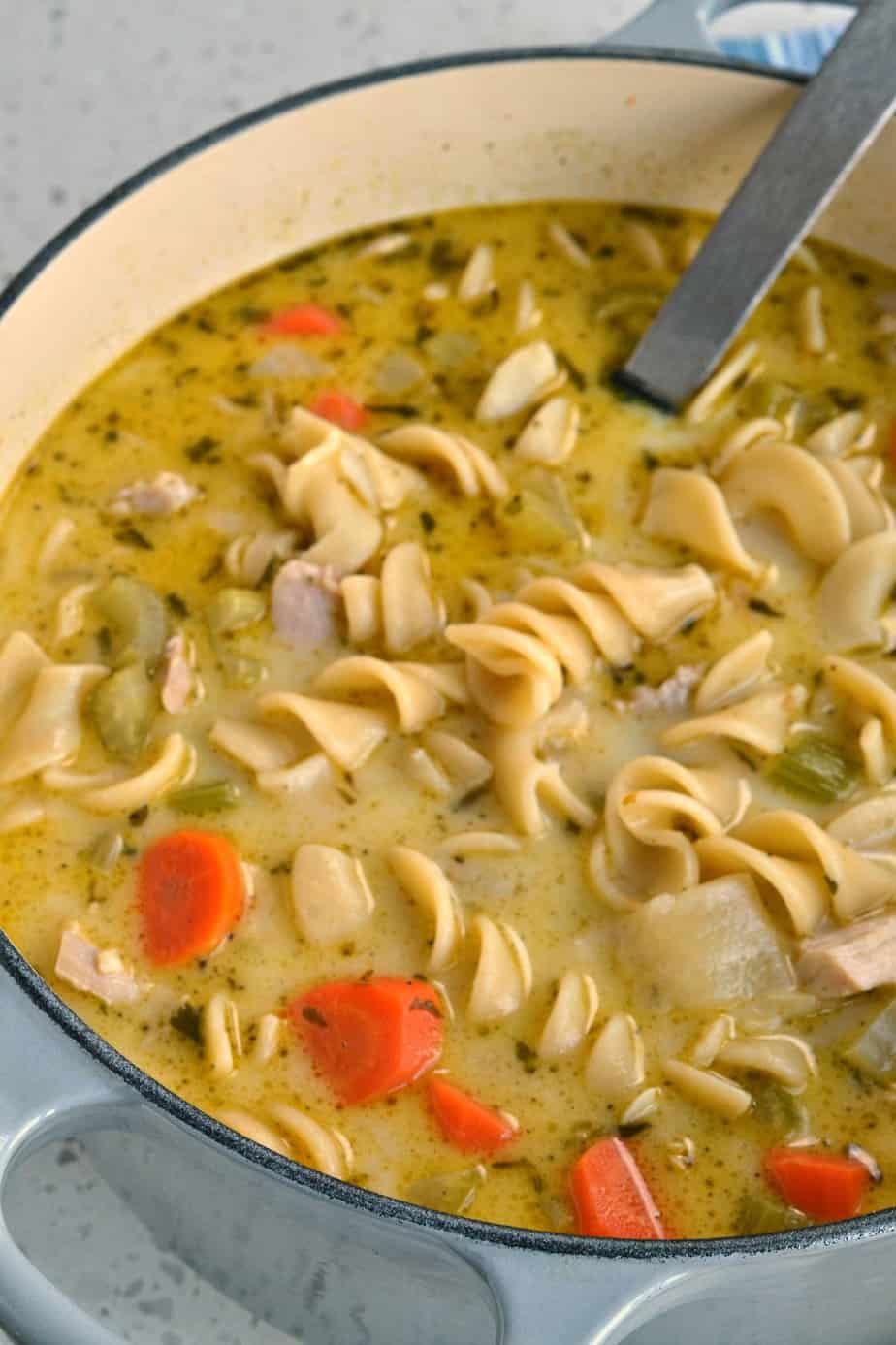 This Chicken Noodle Soup is plump full of sweet onion, celery, garlic, egg noodles and rotisserie chicken.