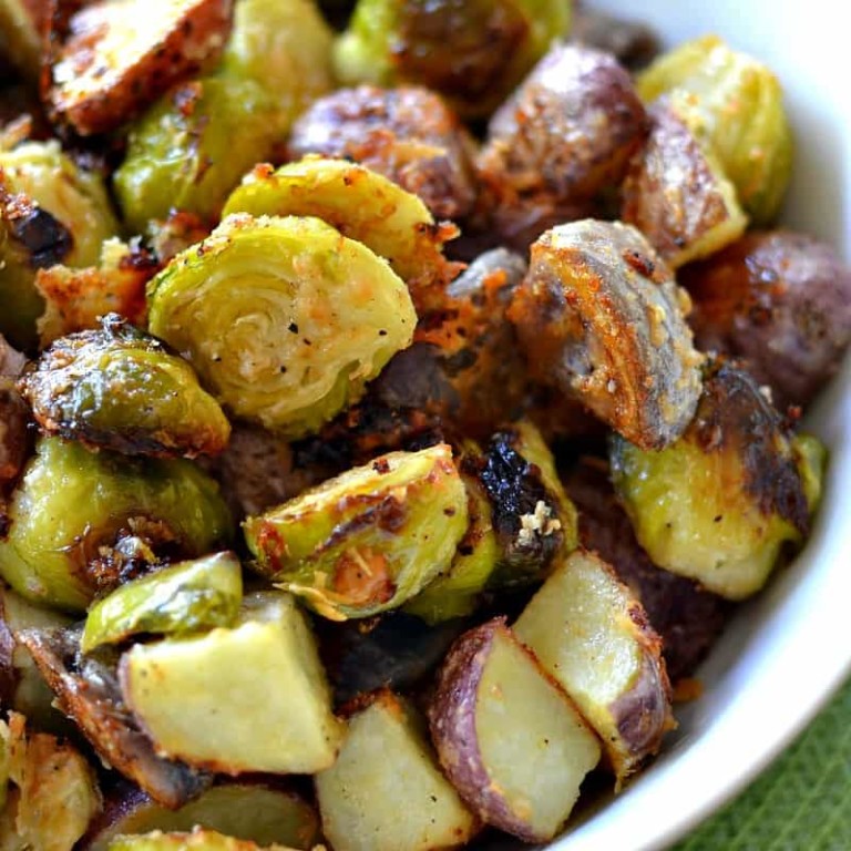 Parmesan Roasted Potatoes and Brussels Sprouts Small Town Woman