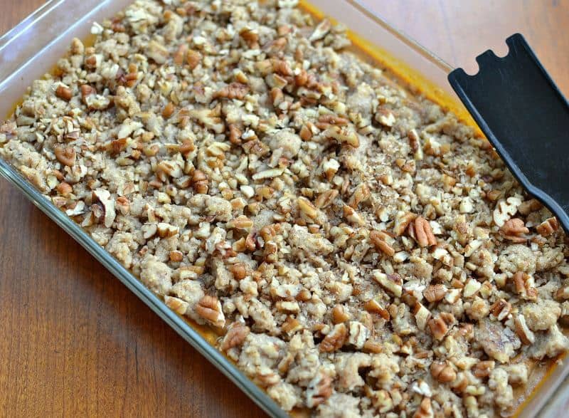 These pecan pie bars have a crunchy, sweet pecan topping and creamy pumpkin filling