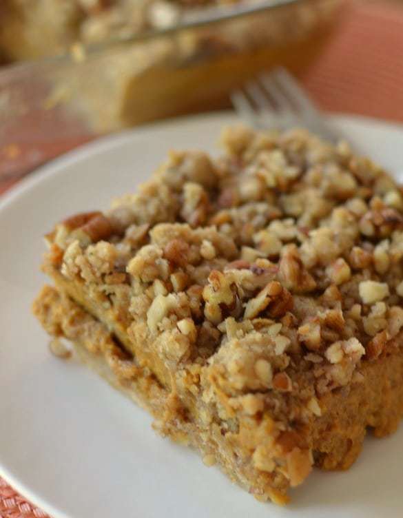 Sweet and creamy pumpkin filling with a crunchy pecan topping make these dessert bars the perfect holiday treat