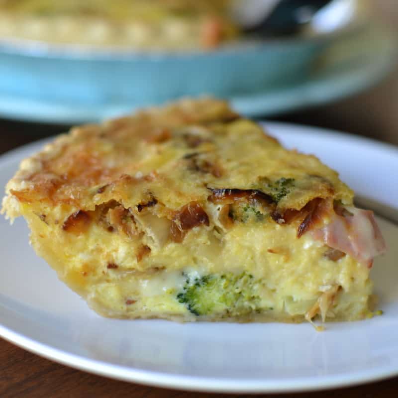 This savory ham and broccoli quiche has caramelized onions and creamy cheese combined with light and fluffy eggs