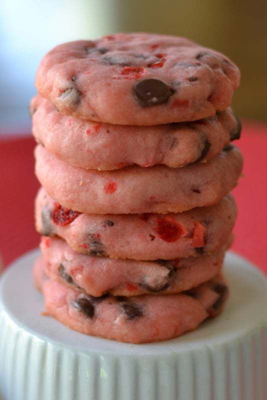 These sweet cherry almond chocolate chip cookies are perfect for a Christmas cookie exchange party