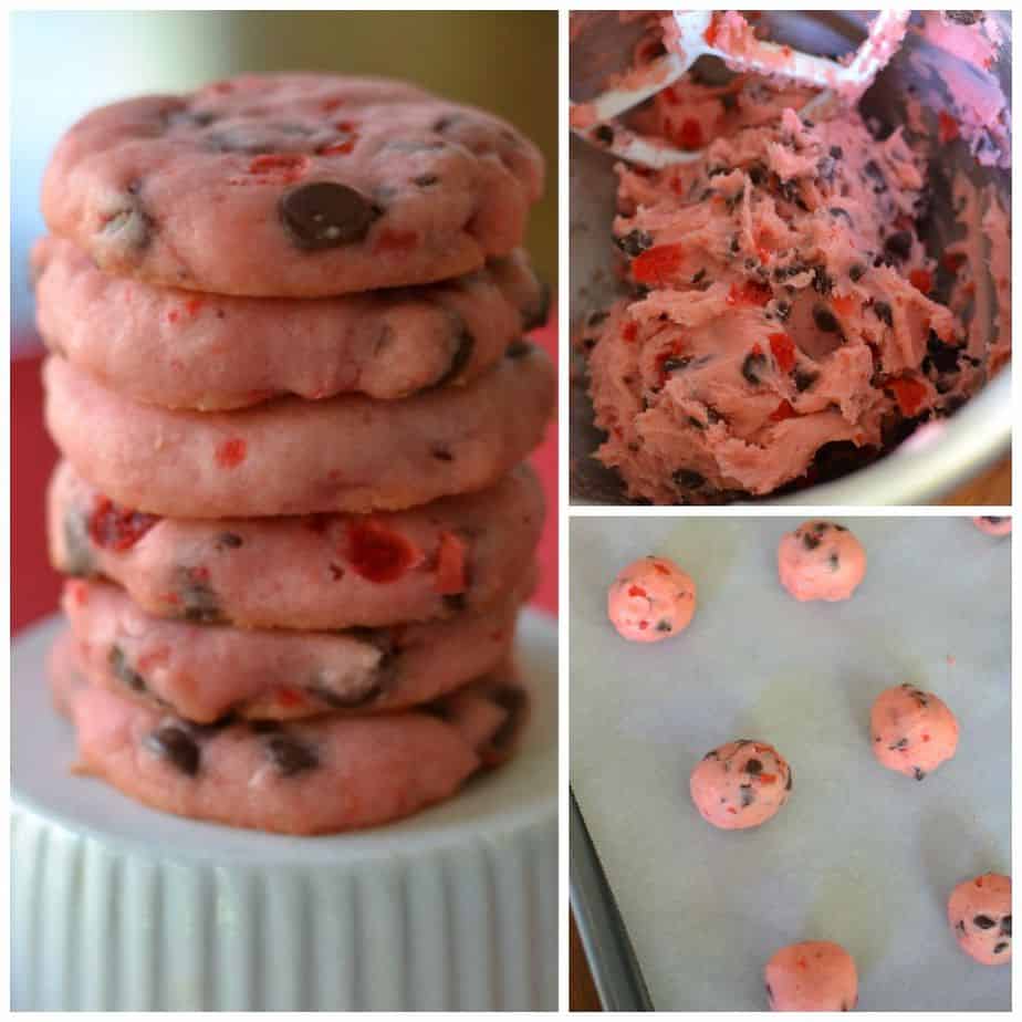 Cherry Almond Chocolate Chip Cookies are a sweet treat that's perfect for Valentine's Day, Christmas cookie exchanges, or just because!