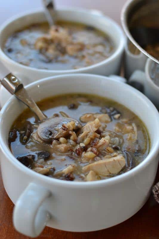 Warm up with a bowl of this hearty turkey and wild rice soup, loaded with tender turkey, mushrooms and veggies.