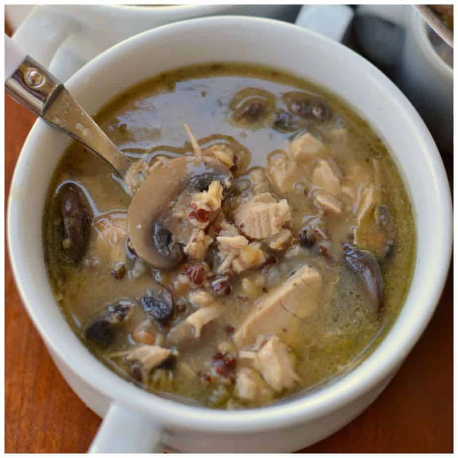 This hearty turkey and wild rice soup with mushrooms is a satisfying way to warm up on a cold day