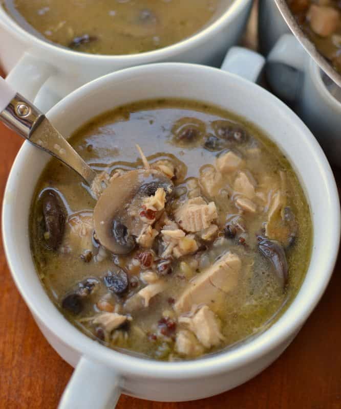This turkey and wild rice soup has hearty mushrooms and tender rice in a savory broth