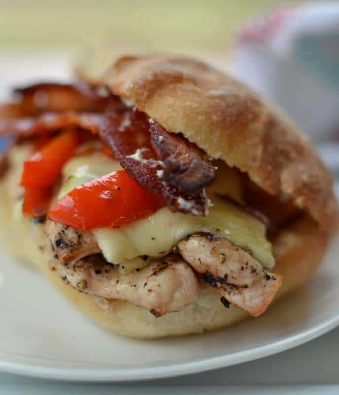 Seasoned grilled chicken topped with pepper jack cheese, bacon, and red pepper served on a toasted ciabatta roll