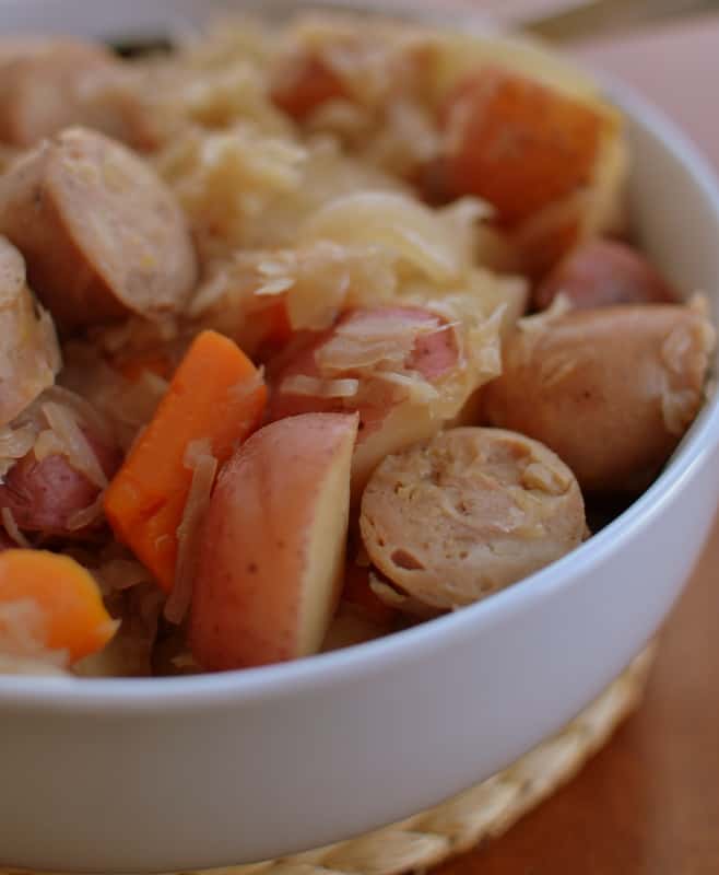 Slow Cooker Sausage Sauerkraut and Potatoes Small Town Woman