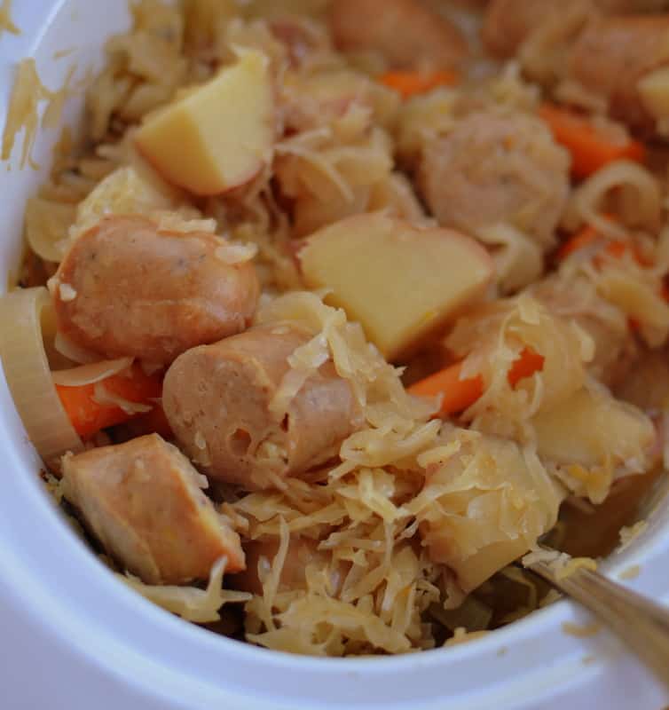 Slow Cooker Sausage Sauerkraut and Potatoes Small Town Woman