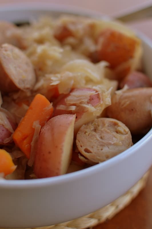 Slow Cooker Sausage Sauerkraut and Potatoes Small Town Woman