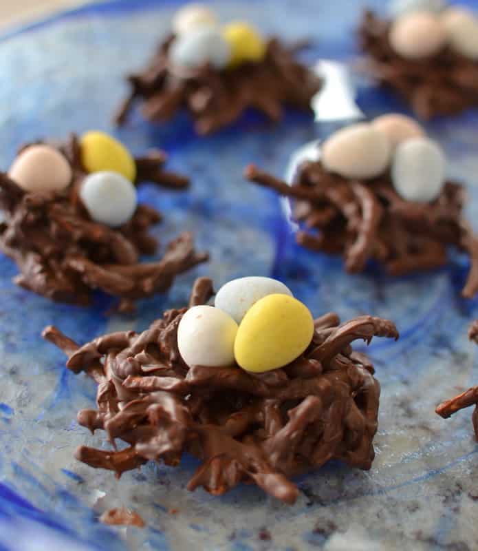 Sweet and creamy peanut butter and chocolate covered chow mein noodles and cadbury eggs make these cute Easter treats