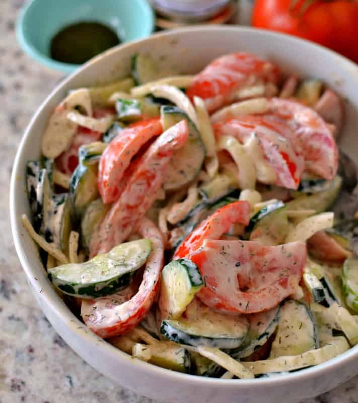 Cucumber Tomato Onion SaladI makes a scrumptious patio party dish, healthy light lunch, or dinner side. 