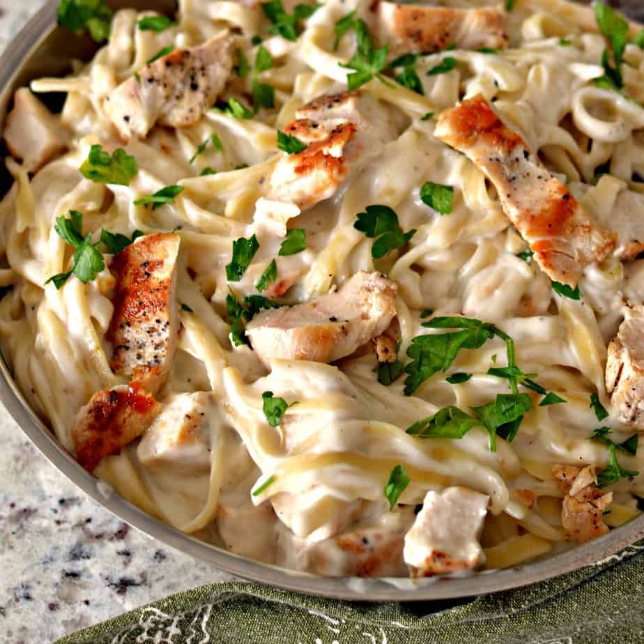This lightened Chicken Alfredo Pasta is made with a roux and half n half resulting in lower calories and fat. 