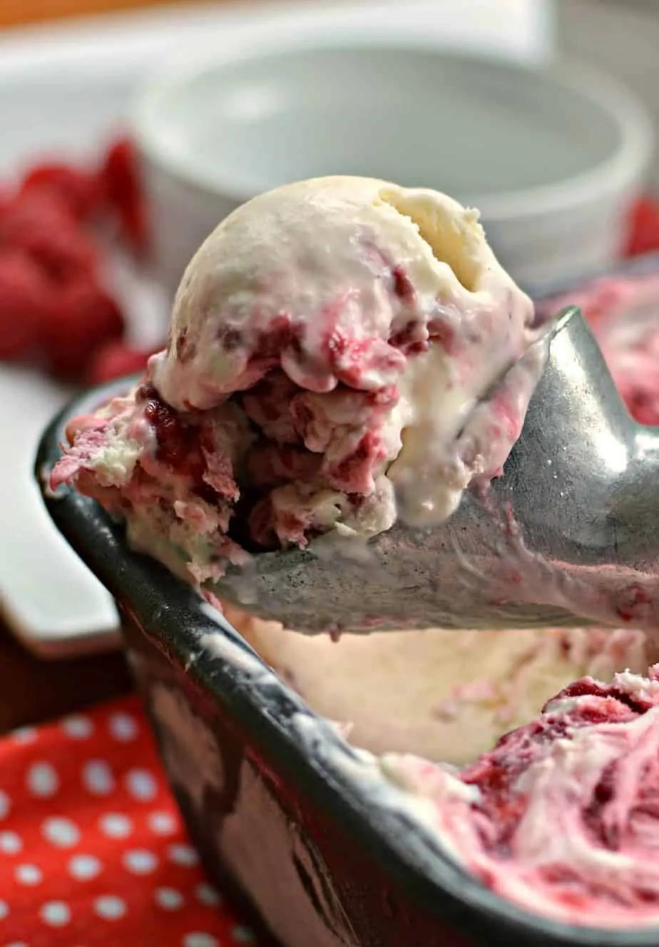 This Raspberry Ice Cream is easily prepared with six ingredients and tastes so much better than the ice cream shops. 