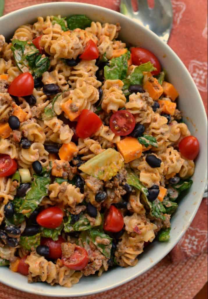 Taco Salad with pasta is a creamy, slightly spicy pasta dish that's packed with flavor. 