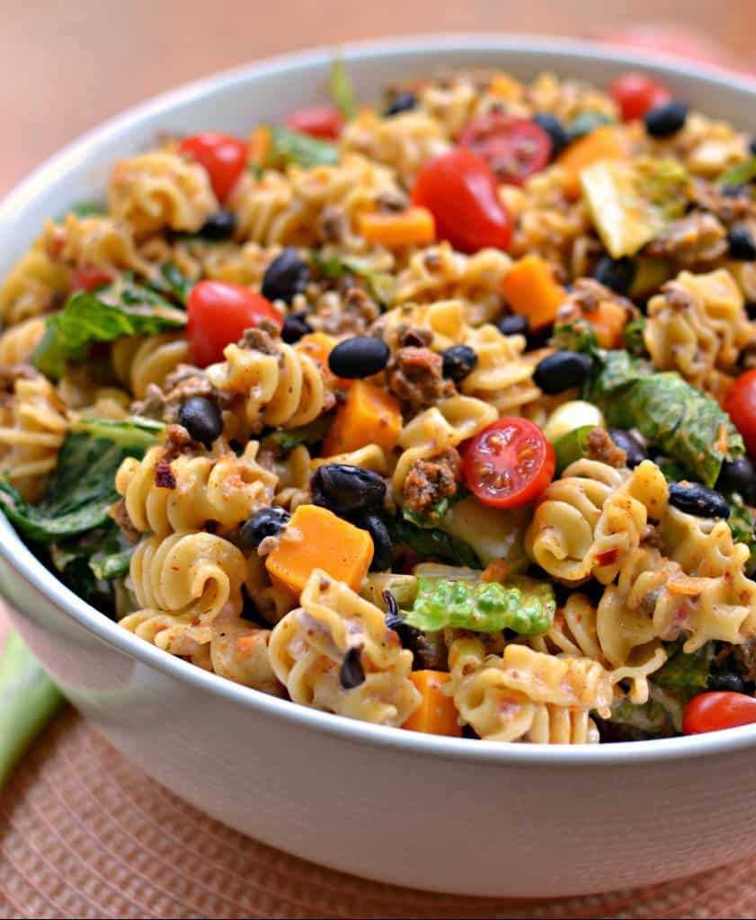 This pasta has ground beef, tomatoes, cheese and beans coated with a creamy, slightly spicy ranch dressing