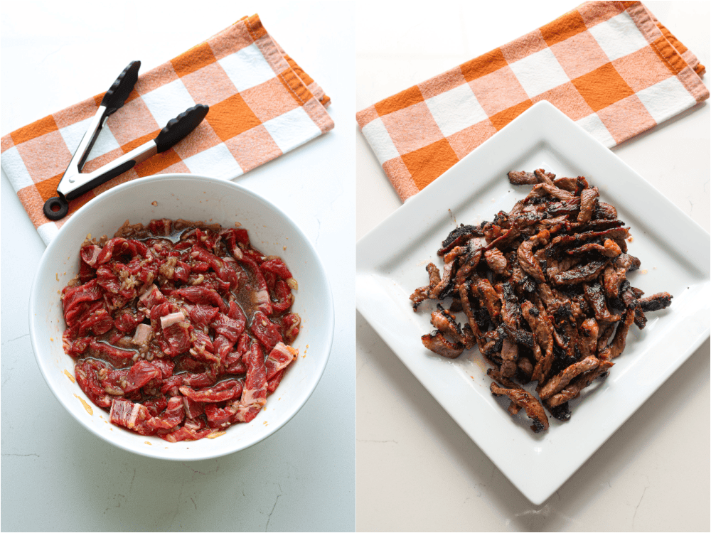 Some of the steps for making bulgogi beef. Add the thinly sliced steak and toss to coat. Cover and refrigerate. Marinate for at least 1 hour up to overnight. Heat a little oil over medium-high heat in a large skillet. Cook the beef in small batches in a single layer until seared and crispy.