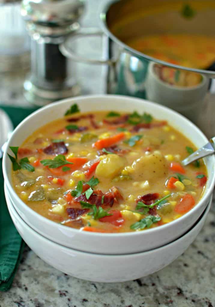 Corn Chowder Soup has a creamy broth and is packed with tender potatoes, bacon, and carrots