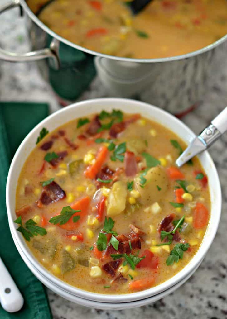 Potato Corn Chowder is a hearty soup with a creamy stock and packed with tender vegetables