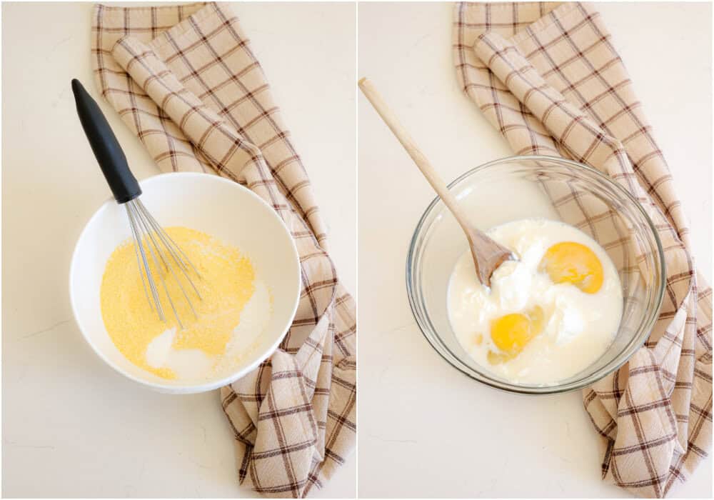 Some of the steps to making skillet cornbread. Whisk the flour, cornmeal, salt, baking powder, and baking soda in a medium bowl. Mix the granulated and brown sugars, eggs, milk, and sour cream in a large bowl.