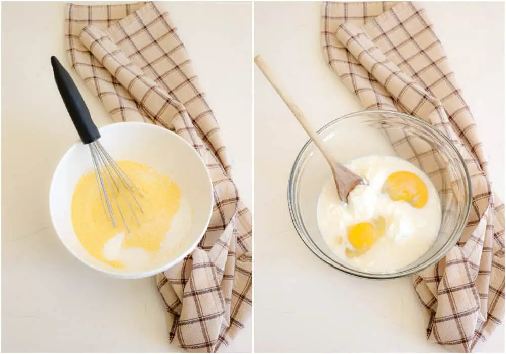 Some of the steps to making skillet cornbread. Whisk the flour, cornmeal, salt, baking powder, and baking soda in a medium bowl. Mix the granulated and brown sugars, eggs, milk, and sour cream in a large bowl. 