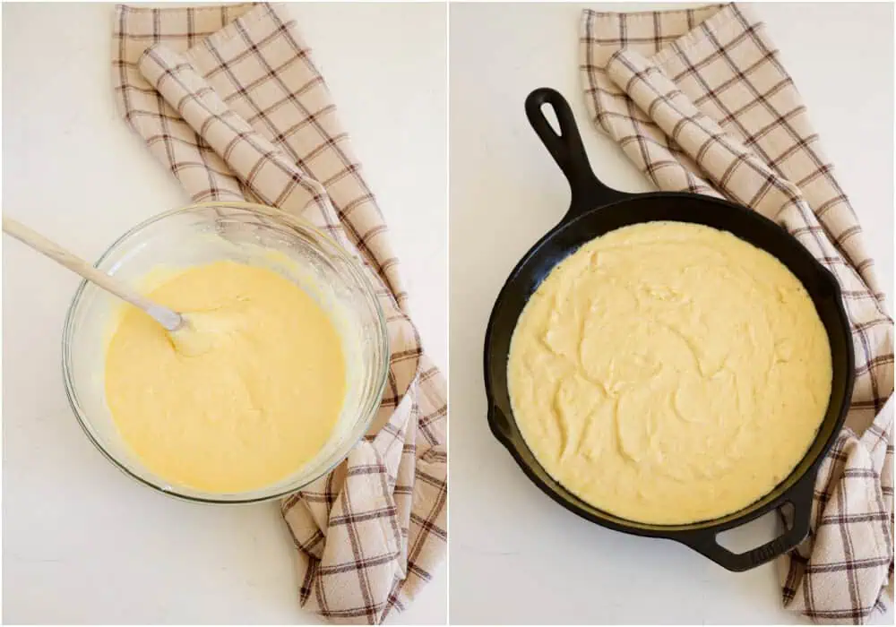 Some of the steps to making skillet cornbread.  Add the dry ingredients to the wet ingredients in several increments, alternating with the melted butter. Mix just until combined. Carefully remove the skillet from the oven and add the cornmeal batter to it. 