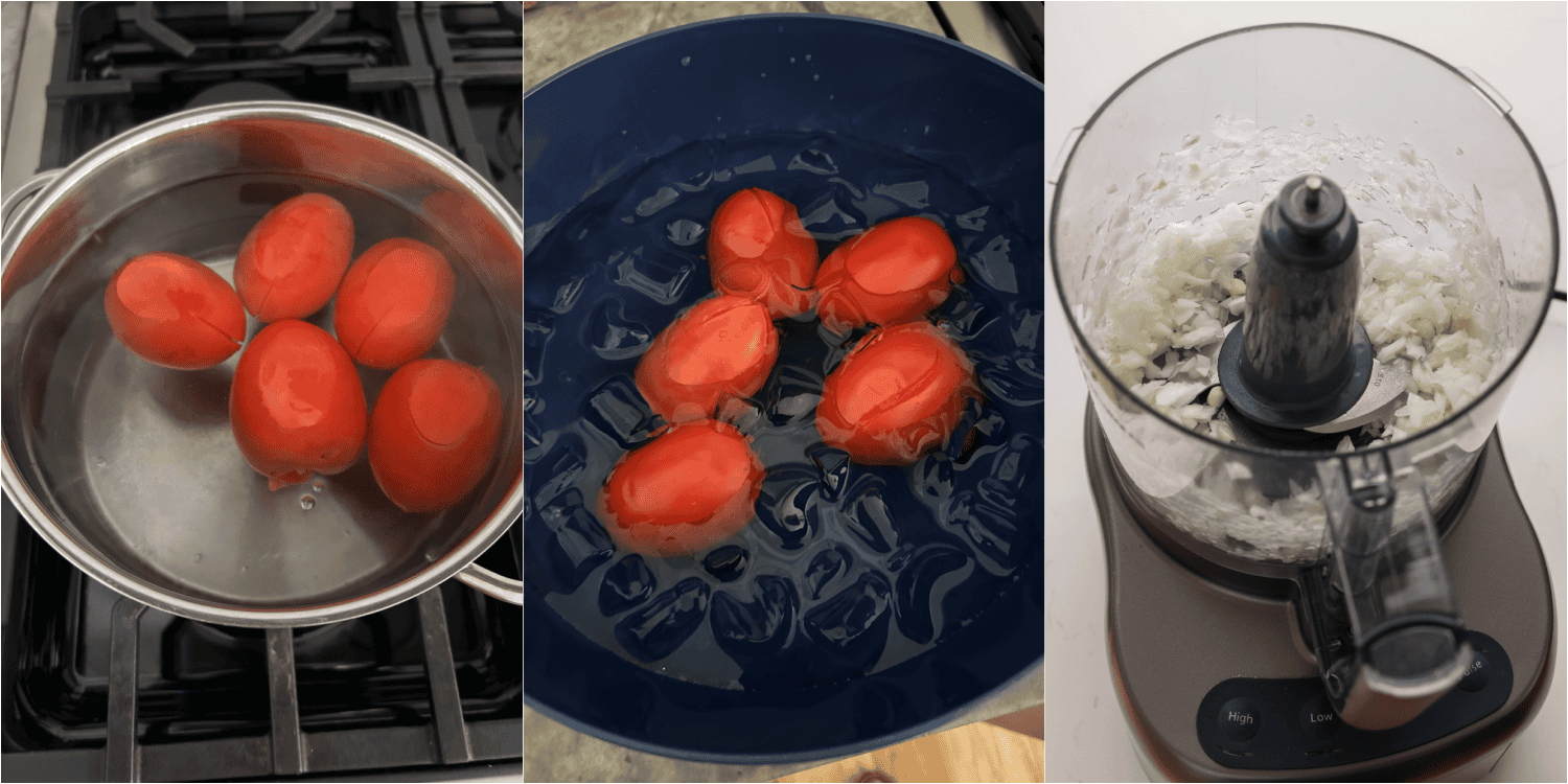 Some of the steps for making homemade salsa. Score and blanch the tomatoes, then plunge them into an ice bath to stop the cooking process. Peel the tomatoes with your fingers.
Add the onion and garlic to a food processor fitted with a chopping blade. Pulse a couple of times.