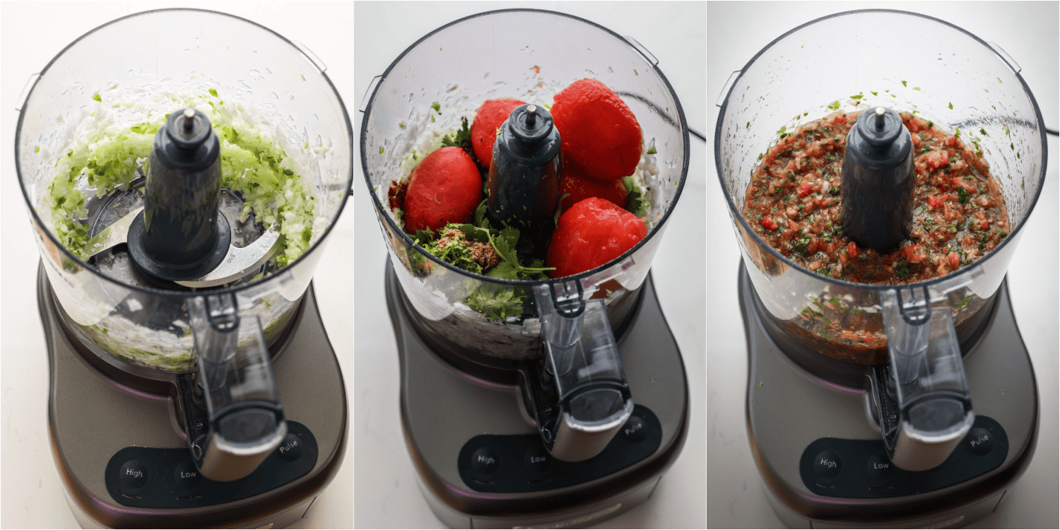Some of the steps to making homemade salsa. Add the jalapeno to the food processor and pulse several times.
Add the cilantro, lime juice, cumin, paprika, cayenne pepper, salt, black pepper, and tomatoes. Pulse a few more times until the desired texture is reached.