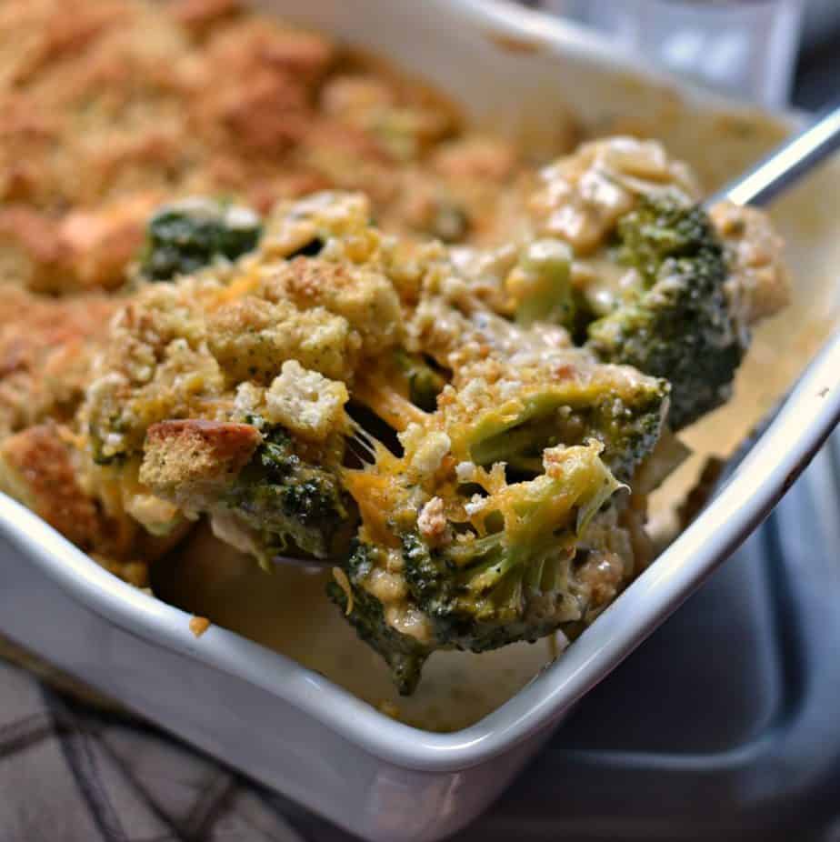 This easy Chicken Divan casserole is a creamy, cheesy chicken dish topped with crispy crushed crotons